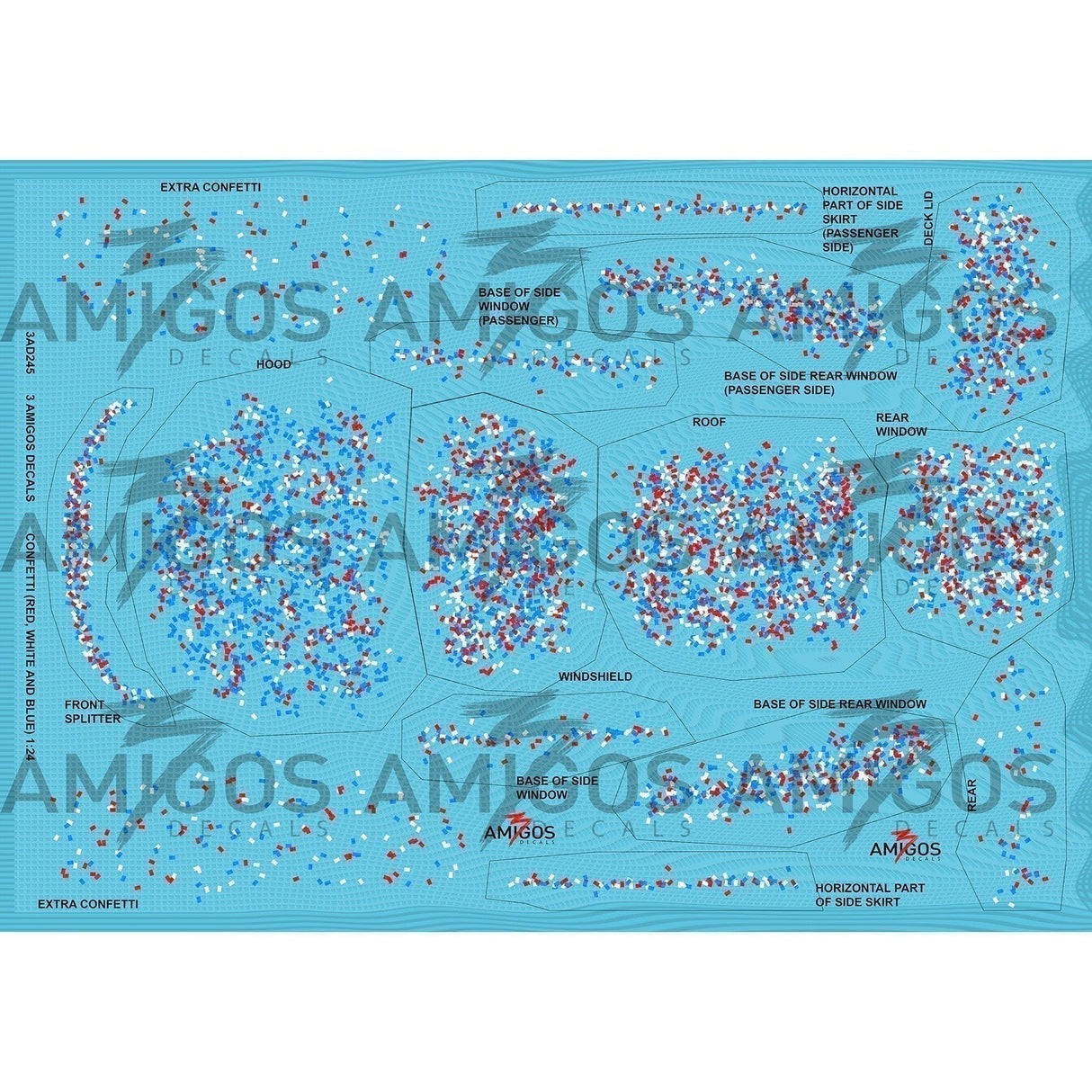 3 Amigos Decals CONFETTI RED WHITE AND BLUE Decal Set 1:24