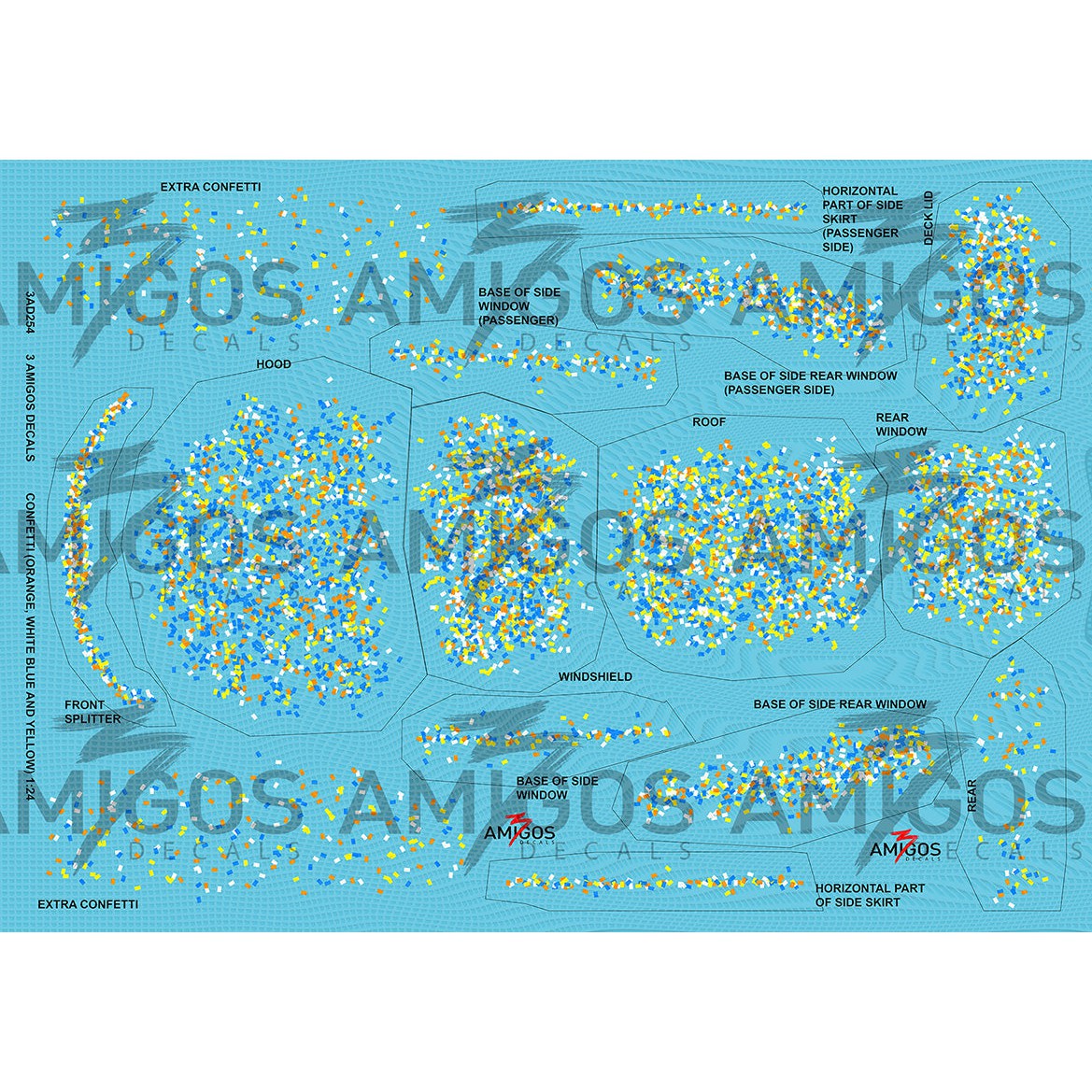 3 Amigos Decals CONFETTI ORANGE, BLUE, YELLOW AND WHITE Decal Set 1:24