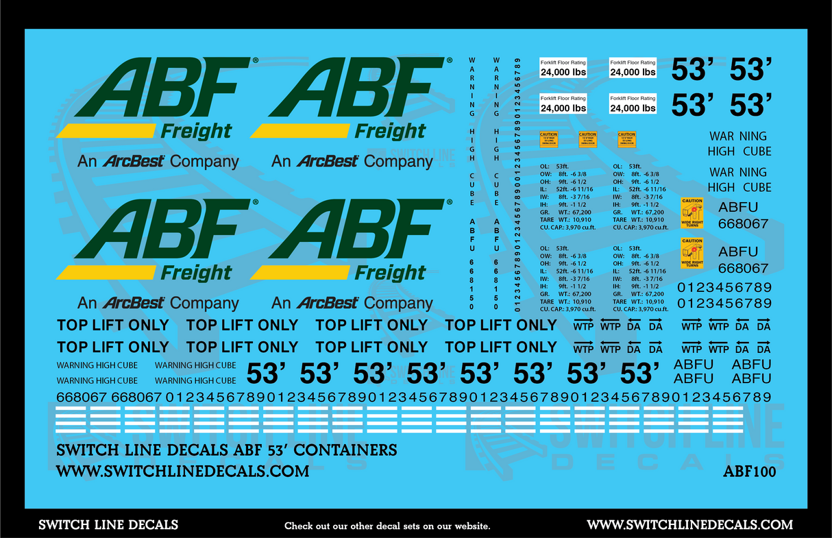 N Scale Modern ABF Freight 53' Containers Decal Set