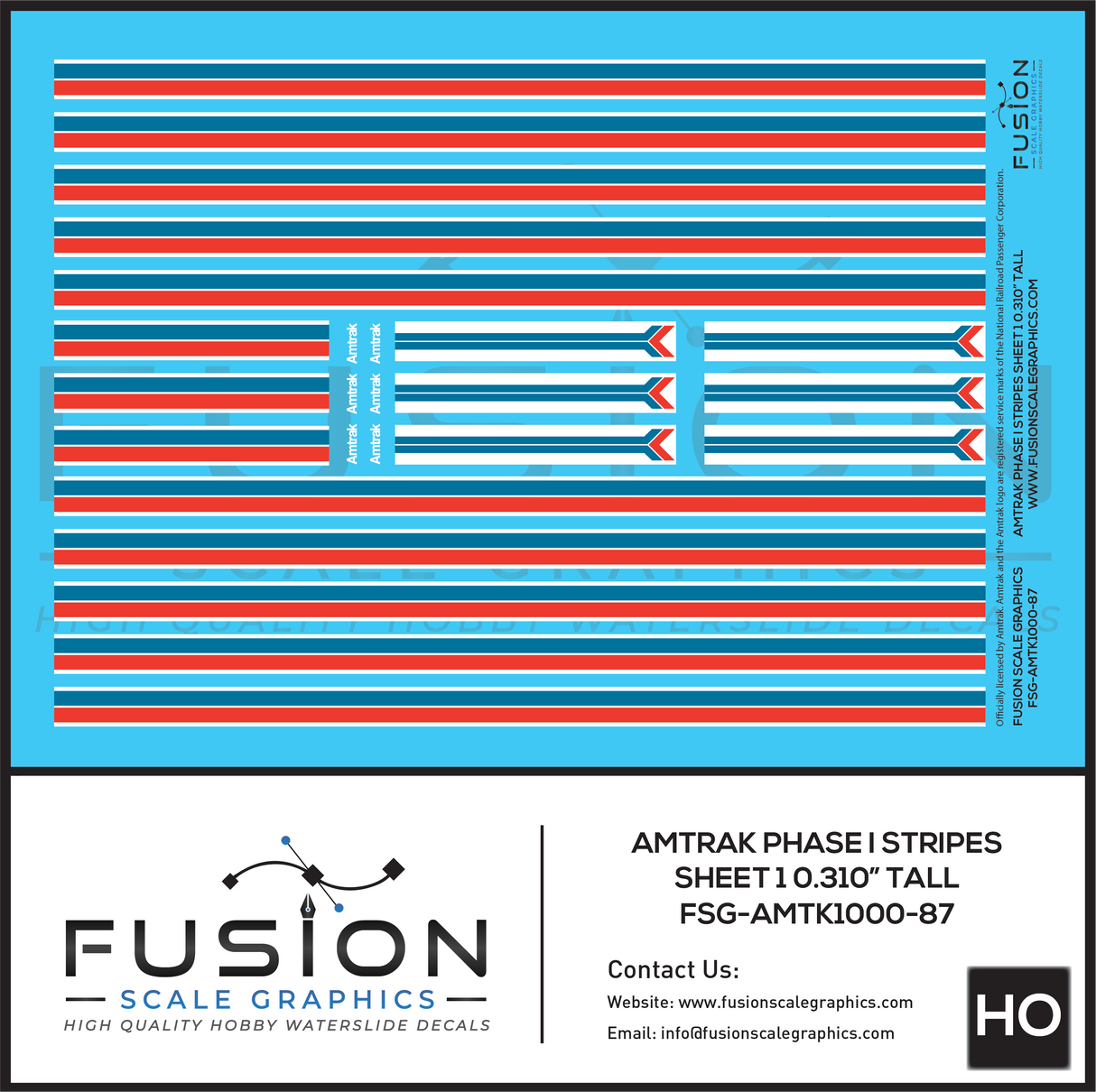 HO Scale Amtrak Phase I Stripes Sheet 1 0.310" Tall Decal Set