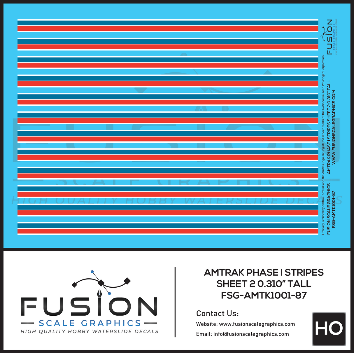 HO Scale Amtrak Phase I Stripes Sheet 2 0.310" Tall Decal Set