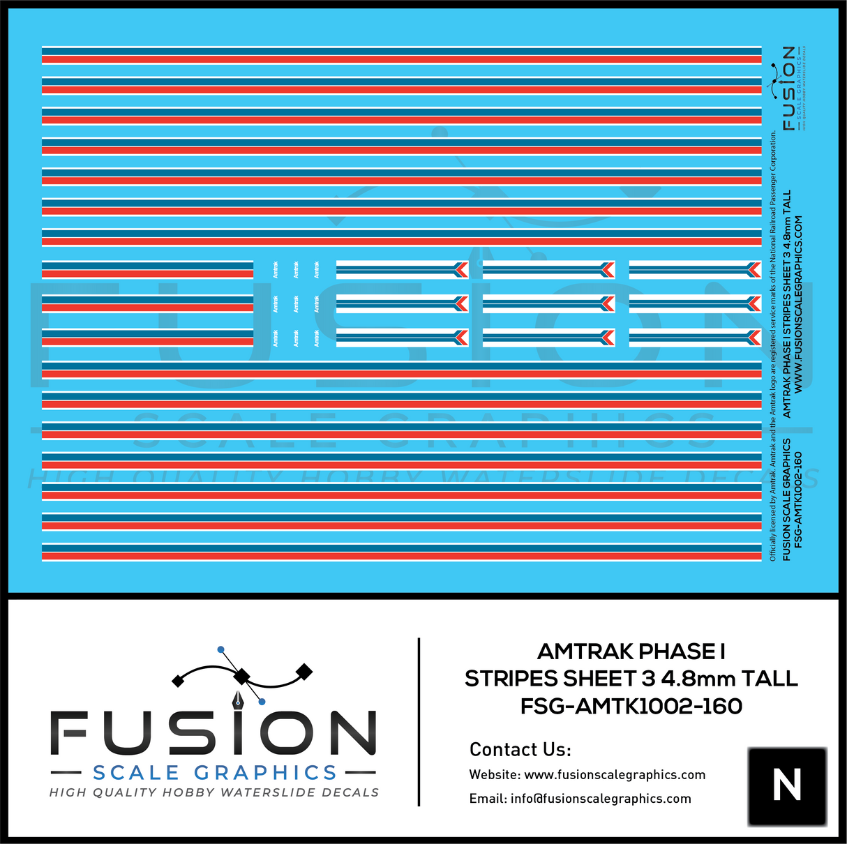 N Scale Amtrak Phase I Stripes Sheet 3 4.8 Tall Decal Set