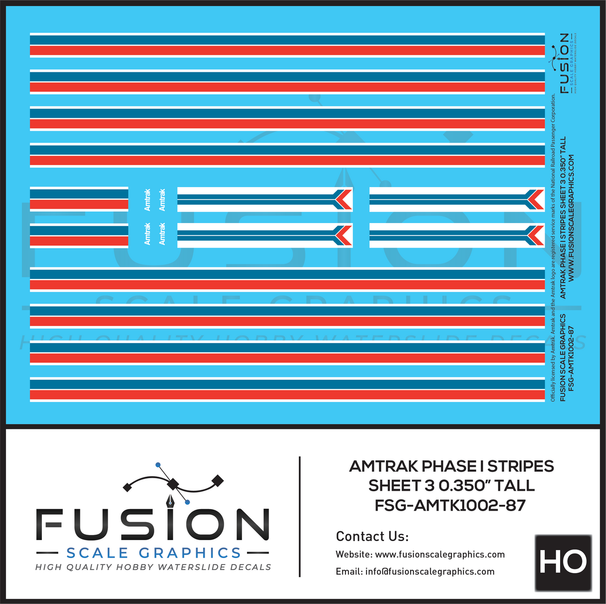 HO Scale Amtrak Phase I Stripes Sheet 3 0.350" Tall Decal Set