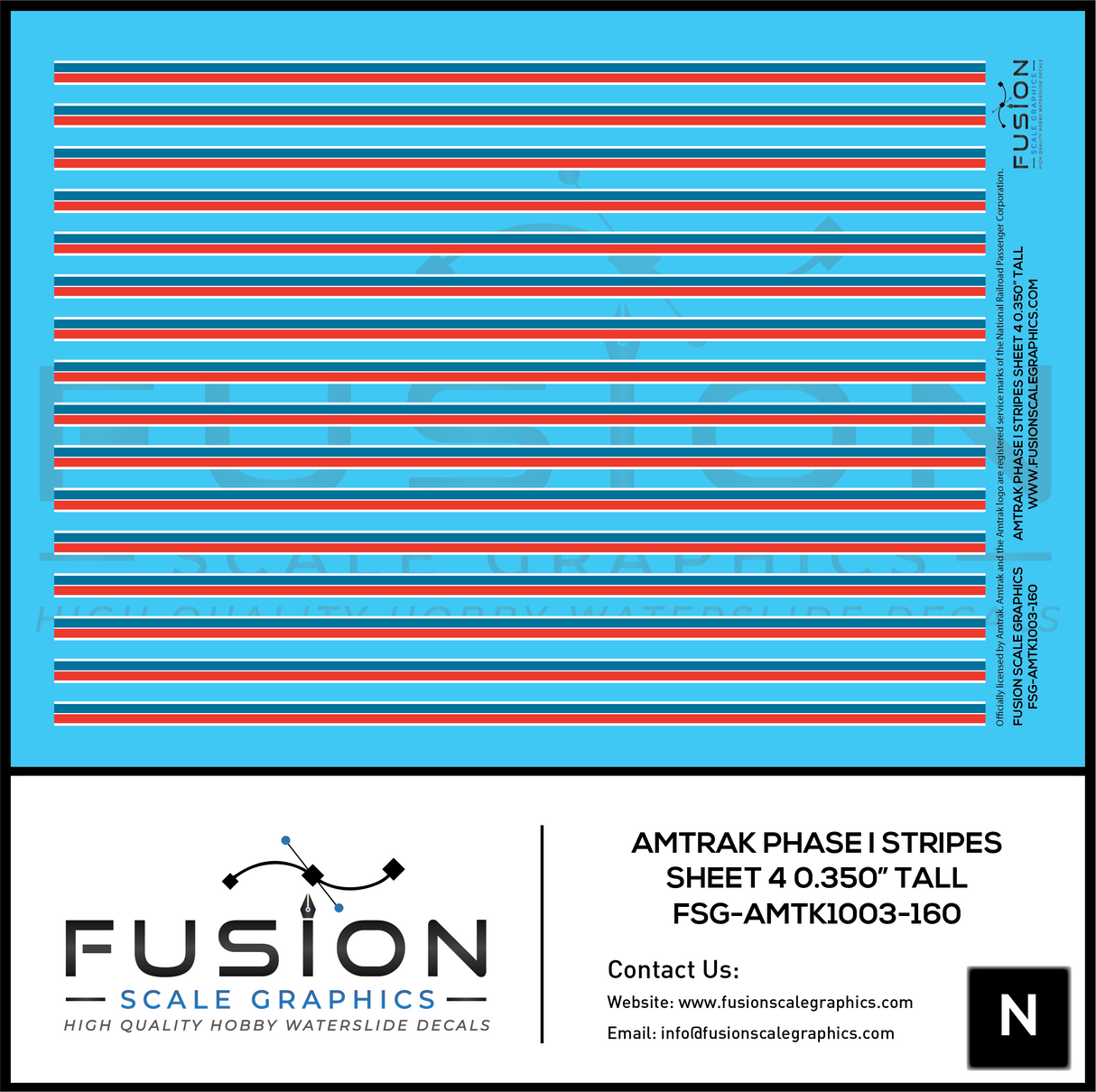 N Scale Amtrak Phase I Stripes Sheet 4 0.350" Tall Decal Set