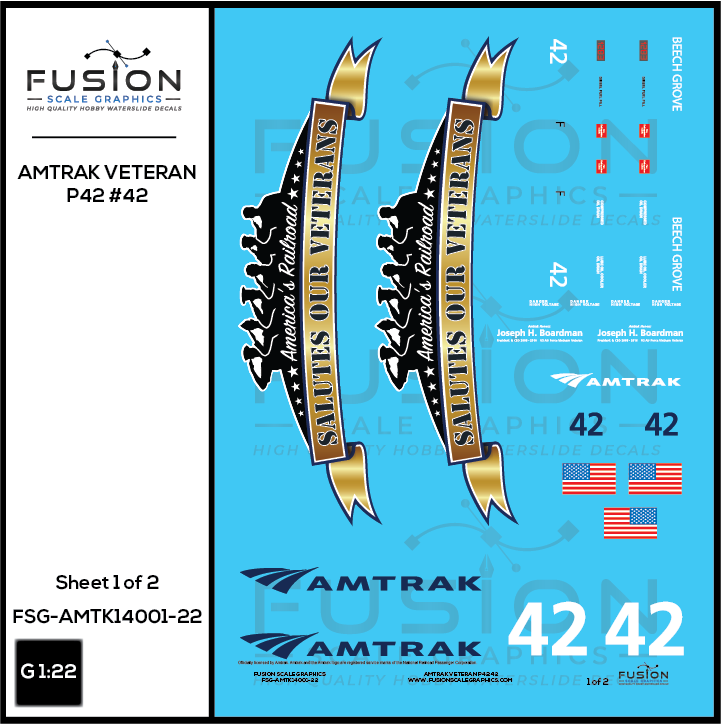 G Scale 1:22 Amtrak GE P42 Veterans 42 Decal Set - Amtrak Decals in G Scale Since Circus City Decals and Graphics does not make Amtrak decals.