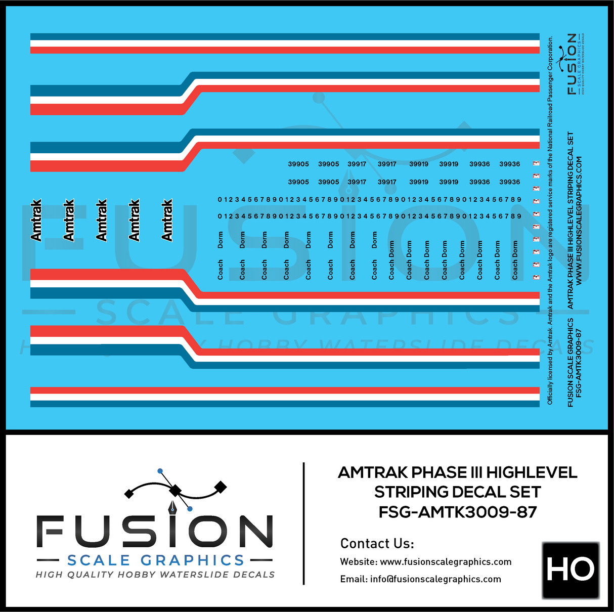 HO Scale Amtrak Phase III Highlevel Striping Decal Set