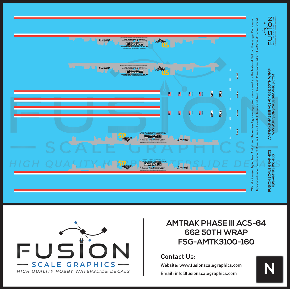 N Scale Amtrak Phase III ACS-64 662 50th Train Sim Locomotive Decal Set