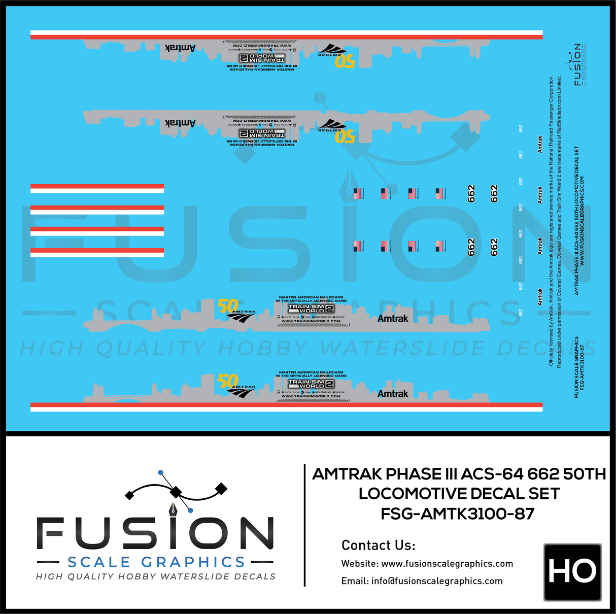 HO Scale Amtrak Phase III ACS-64 662 50th Train Sim Locomotive Decal Set