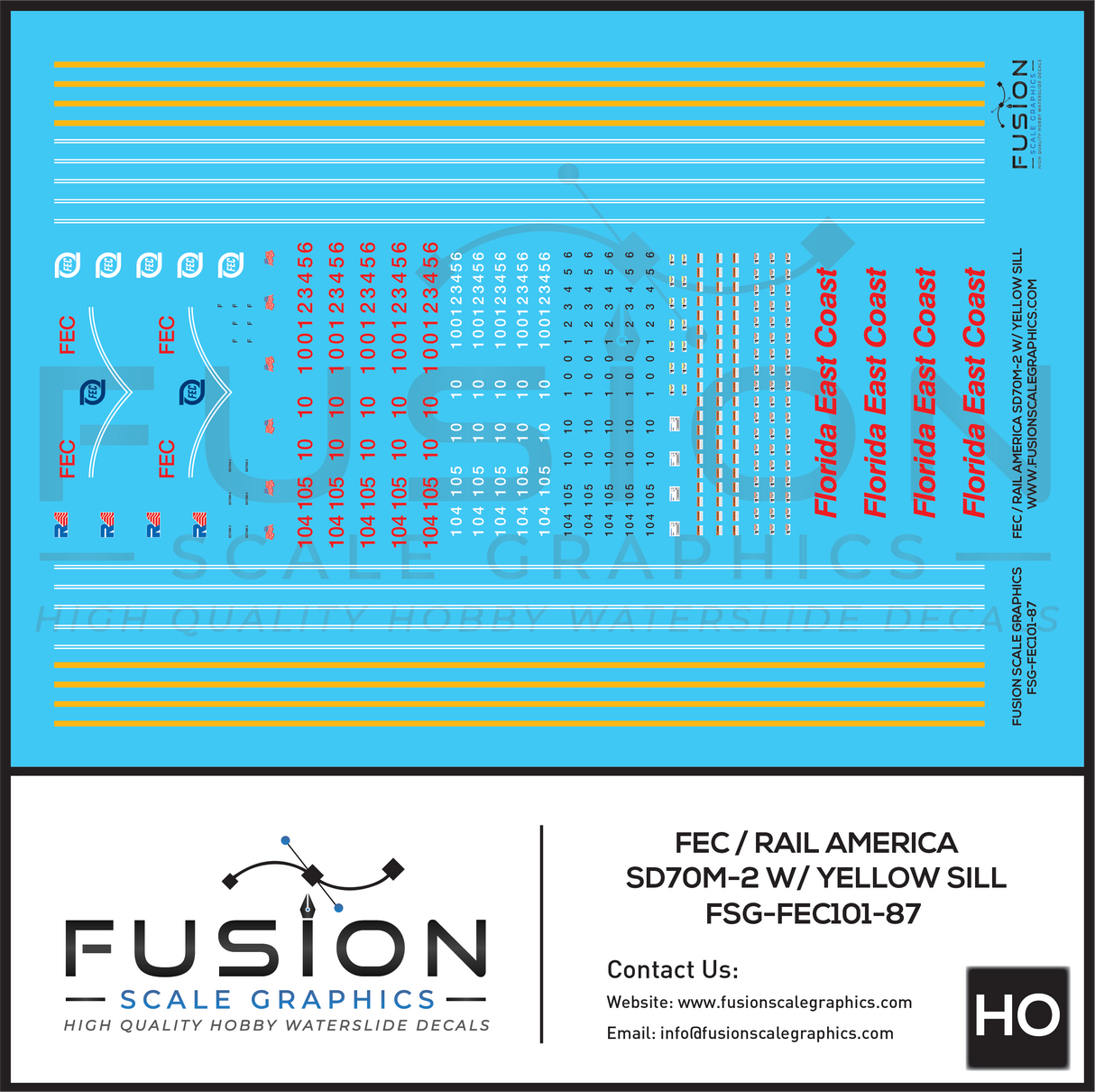 HO Scale Florida East Coast RA SD70M-2 Locomotives W/ Yellow Sill