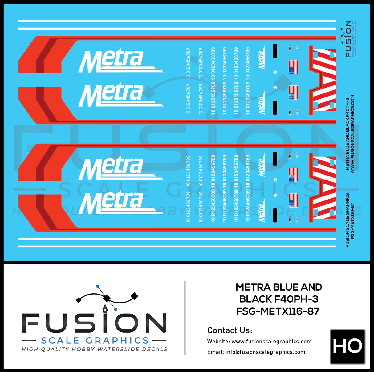 HO Scale Metra F40PH-3 Blue & Black Locomotive Decal Set