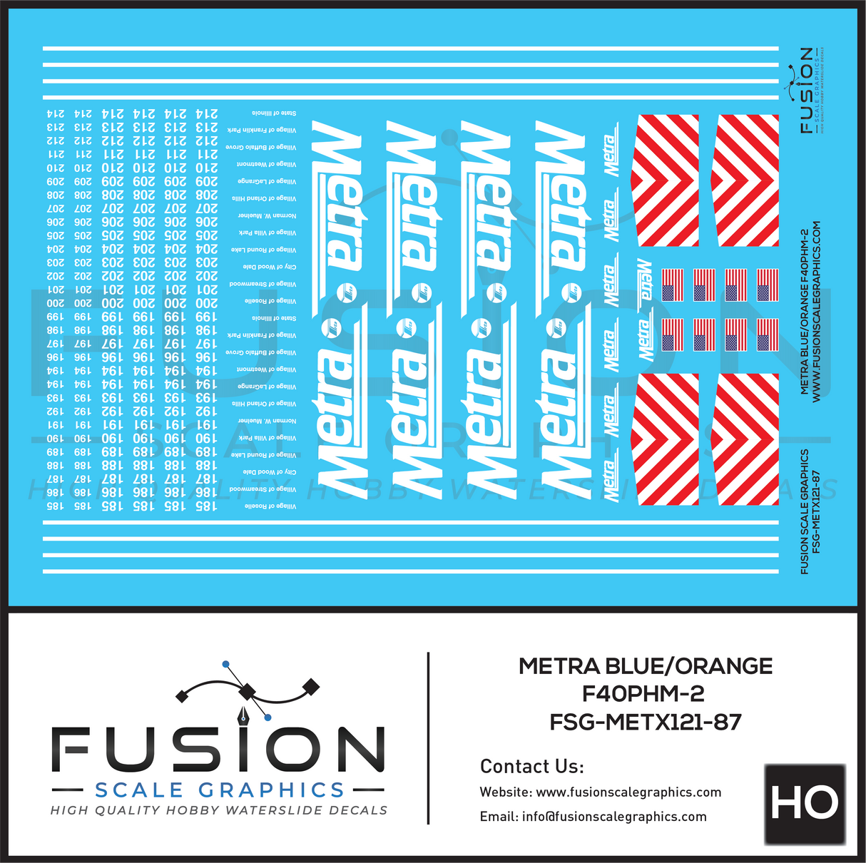 HO Scale Metra EMD F40PHM-2 Blue Locomotives Decal Set