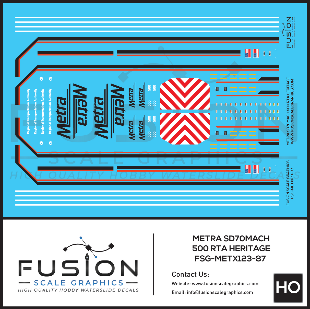 HO Scale Metra 500 RTA Heritage SD70MACH Locomotive Decal Set