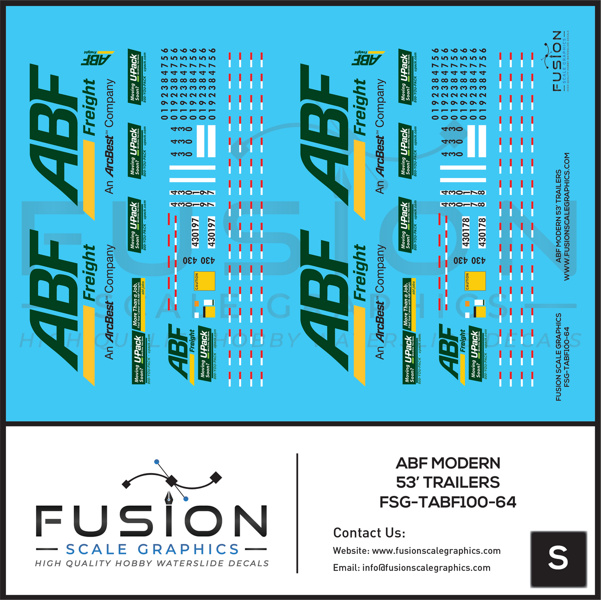 S Scale 1:64 ABF Freight Modern 53' Truck Trailers Decal Set