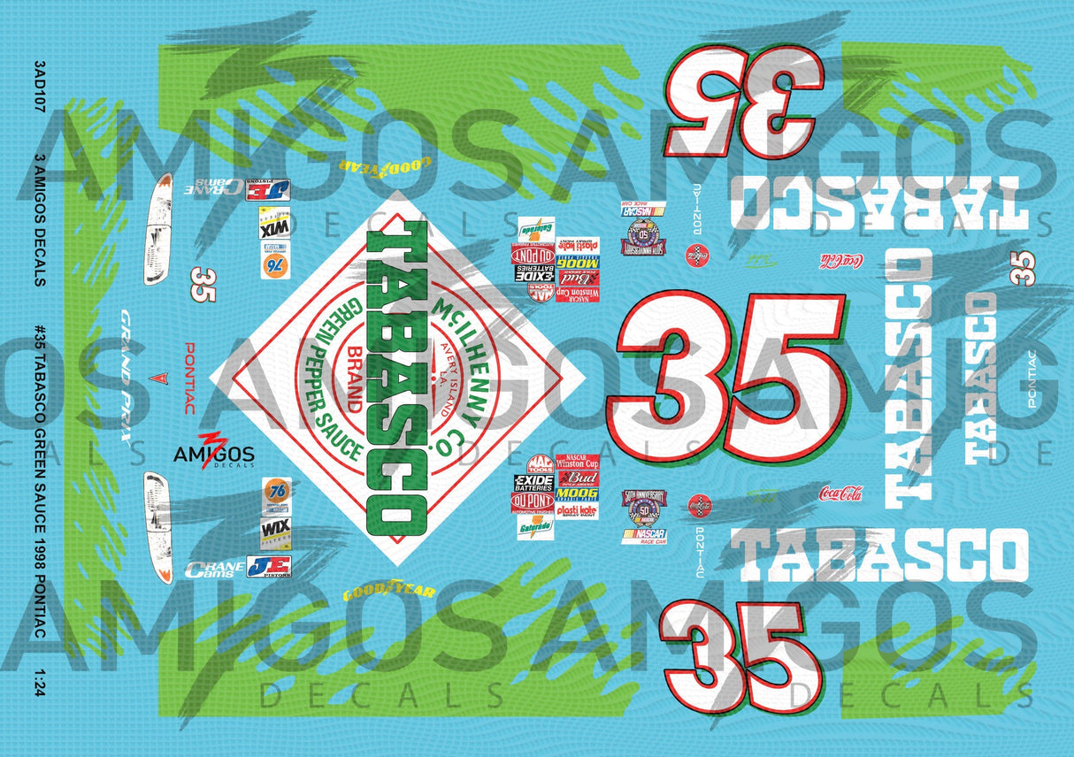 3 Amigos Decals #35 TABASCO GREEN SAUCE 1998 PONTIAC 1:24