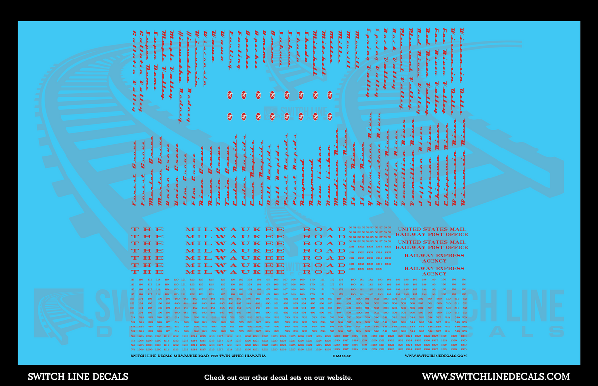 HO Scale Milwaukee Road 1952 Twin Cities Hiawatha Decal Set