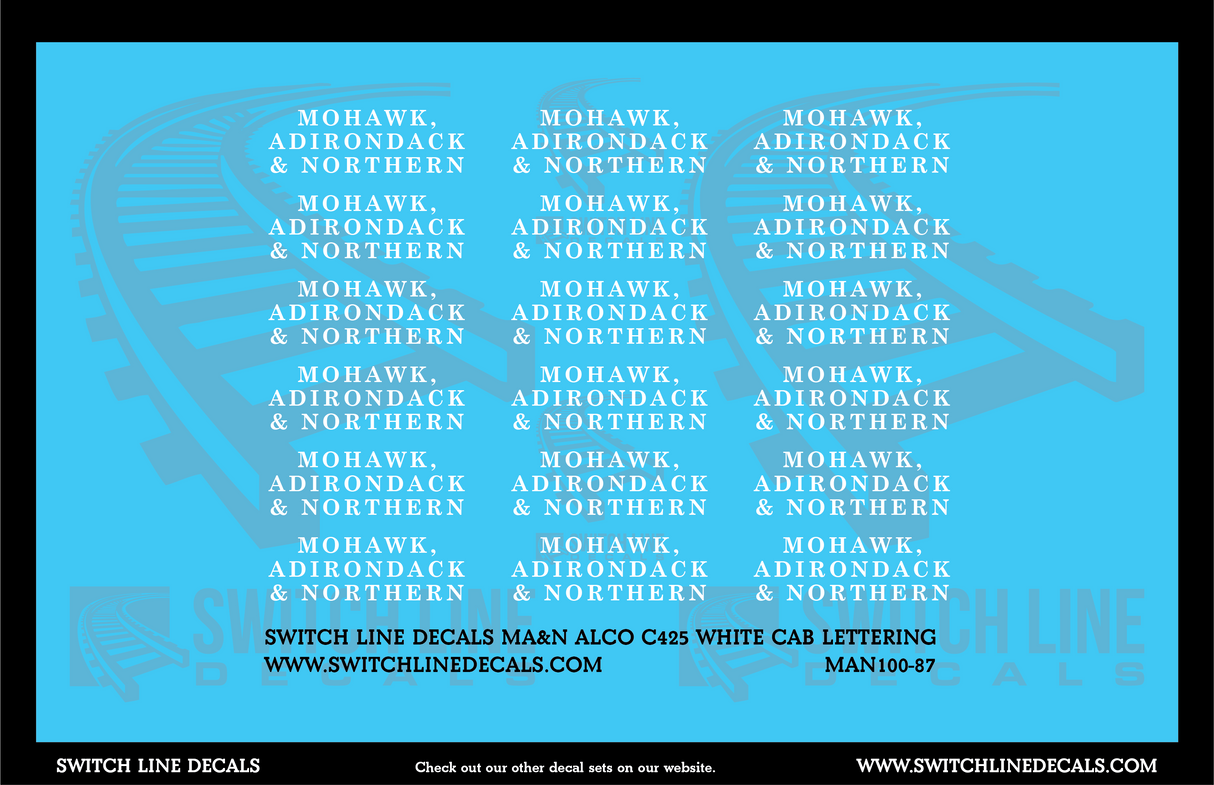 HO Scale Mohawk, Adirondack and Northern Alco C425 White Cab Lettering Decal Set