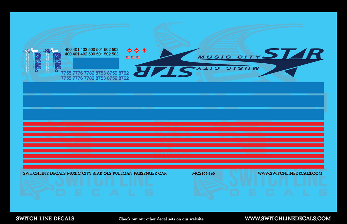 N Scale Music City Star OLS Pullman Passenger Cars Decal Set