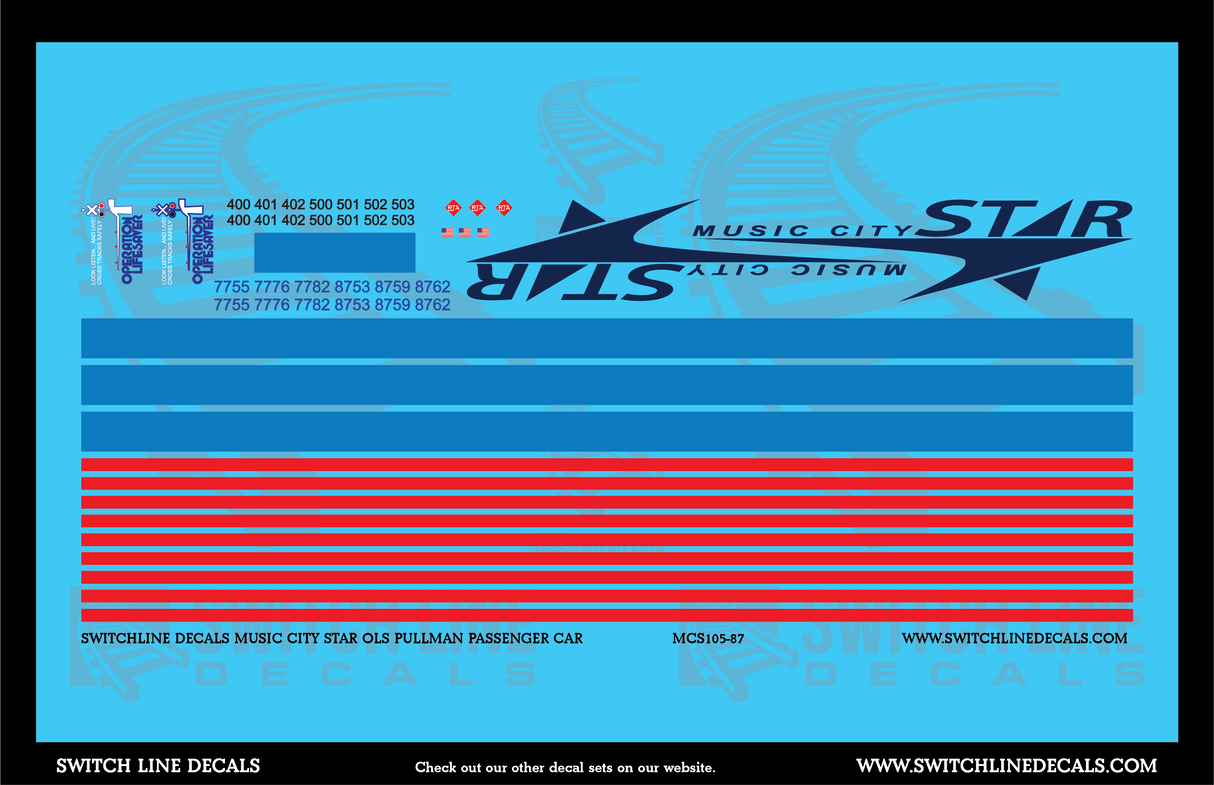 HO Scale Music City Star OLS Pullman Passenger Cars Decal Set
