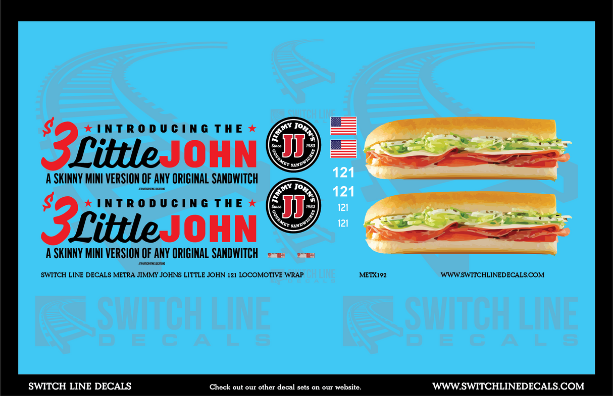 HO Scale Metra 121 Jimmy Johns Wrap Locomotive Decal Set