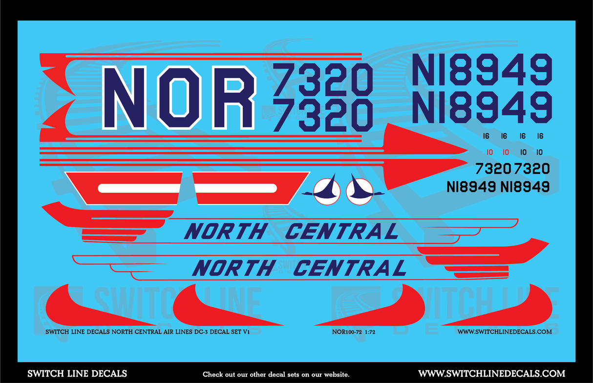 1:72 North Central Airlines DC-3 Airplane Decal Set No White Fill