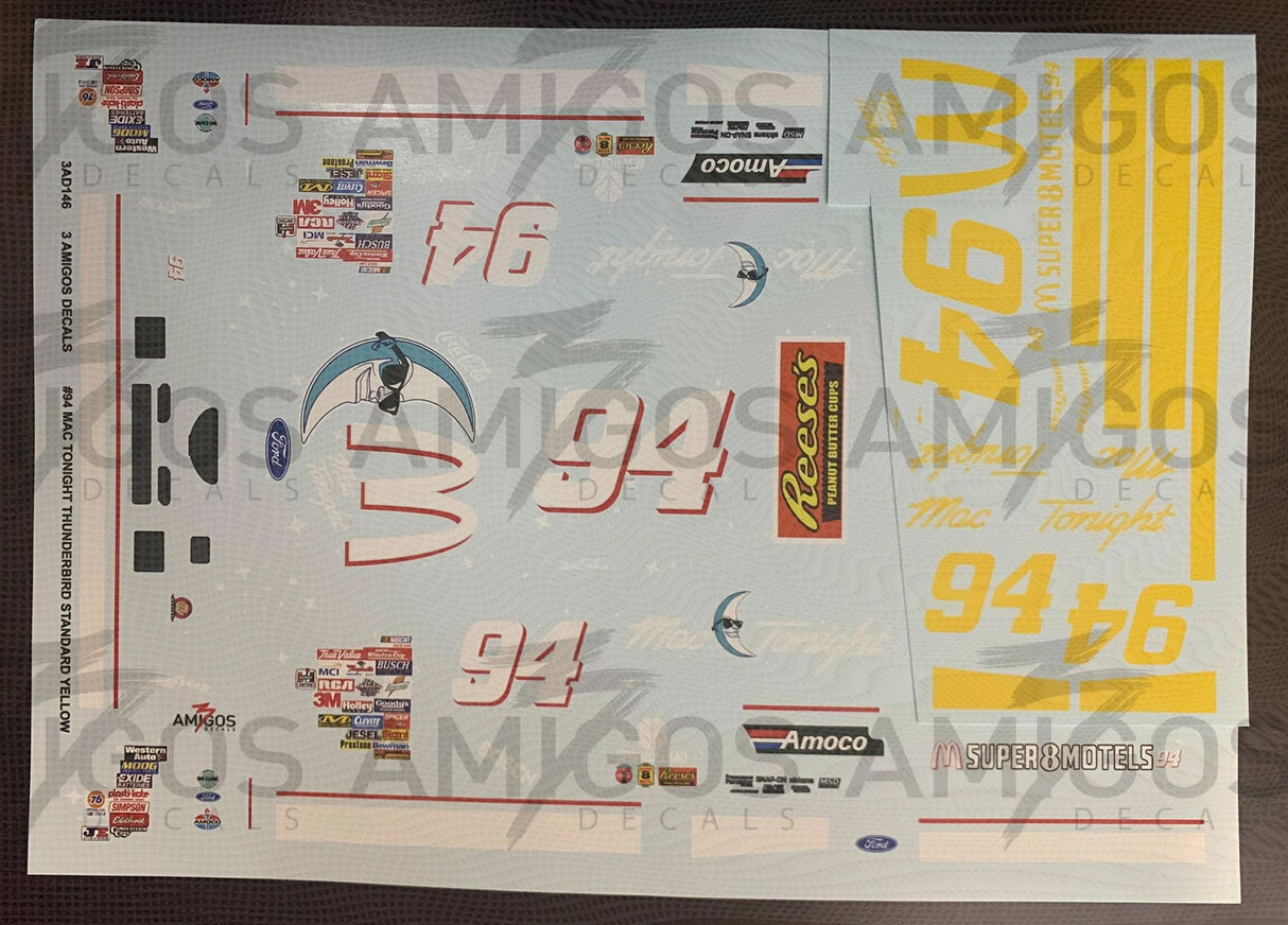 3 Amigos Decals #94 Mac Tonight 1997 Thunderbird 1/24 Standard Yellow Decal Set - 2