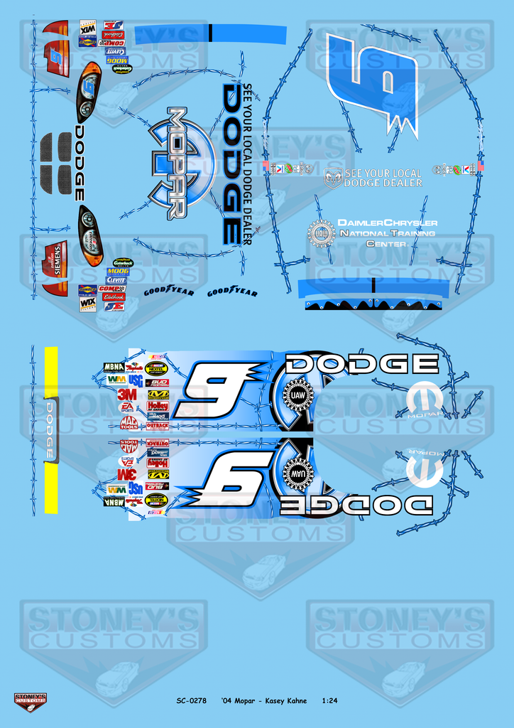 Stoney's Customs 2004 #9 Mopar Kasey Kahne 1:24 Decal Set