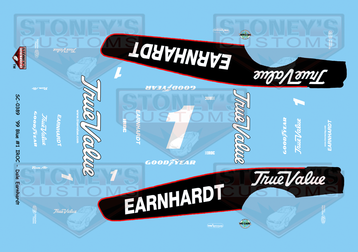 Stoney's Customs 1999 Blue #1 IROC Dale Earnhardt 1:24 Decal Set