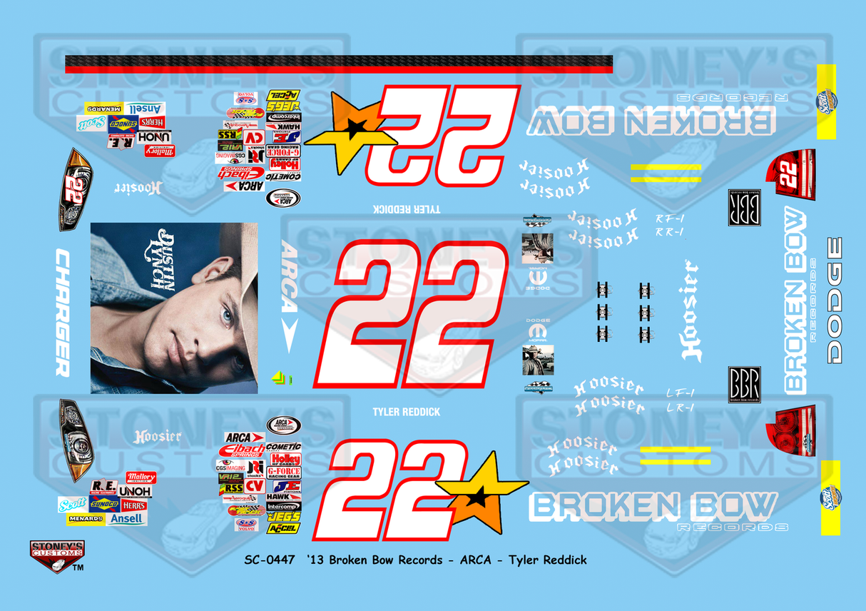 Stoney's Customs 2013 Broken Bow Records ARCA #22 Tyler Reddick 1:24 Decal Set