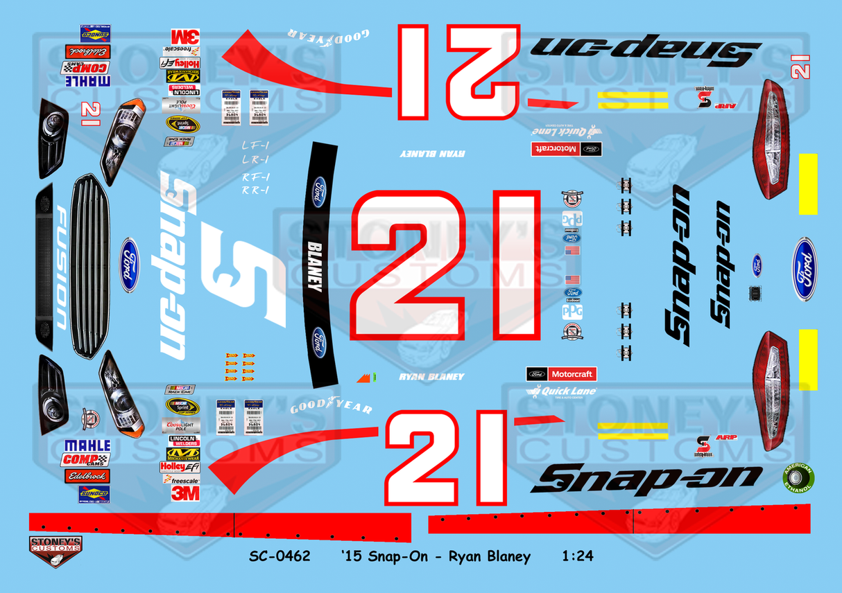 Stoney's Customs 2015 #21 Snap-On - Ryan Blaney 1:24 Decal Set