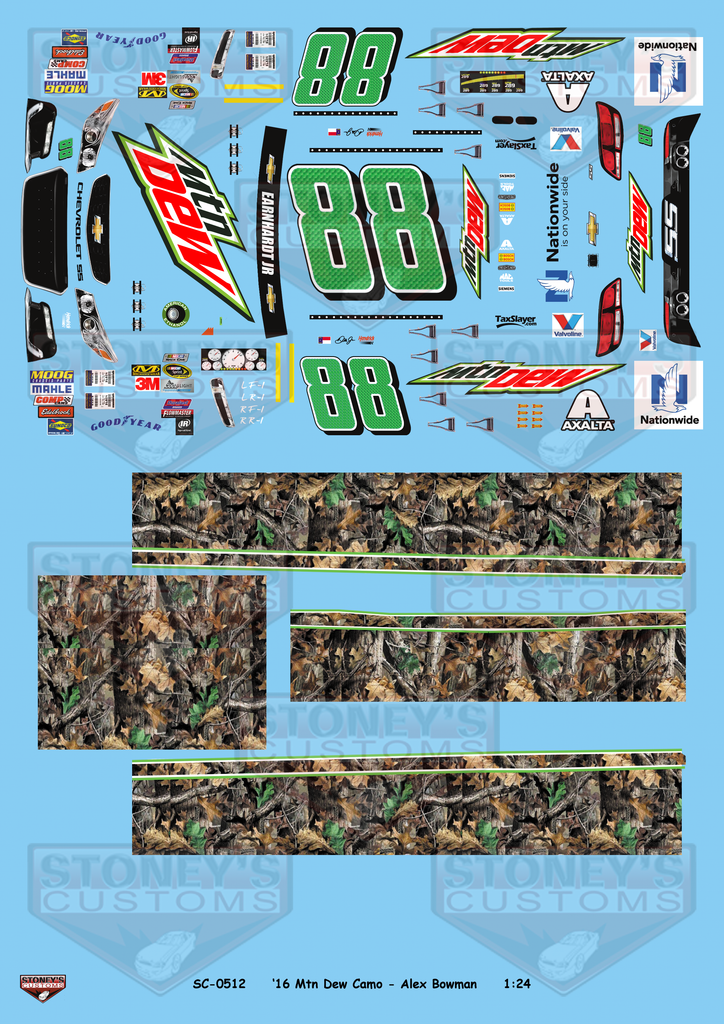 Stoney's Customs 2016 #88 Mtn Dew Camo - Alex Bowman 1:24 Decal Set