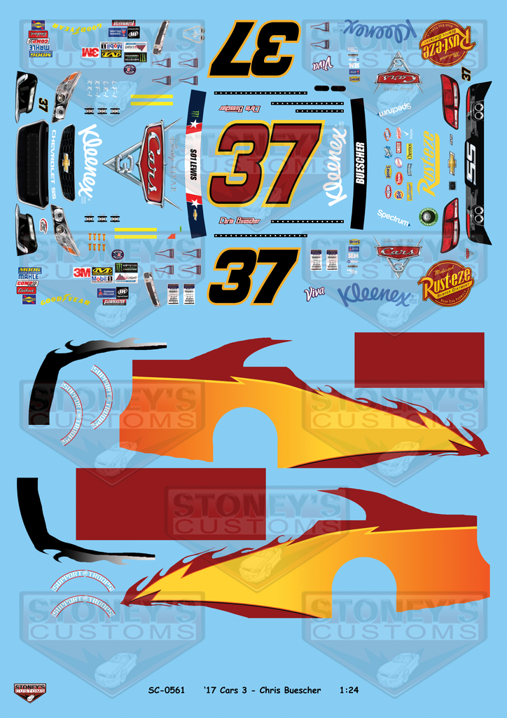 Stoney's Customs 2017 #37 Cars 3 - Chris Buescher 1:24 Decal Set