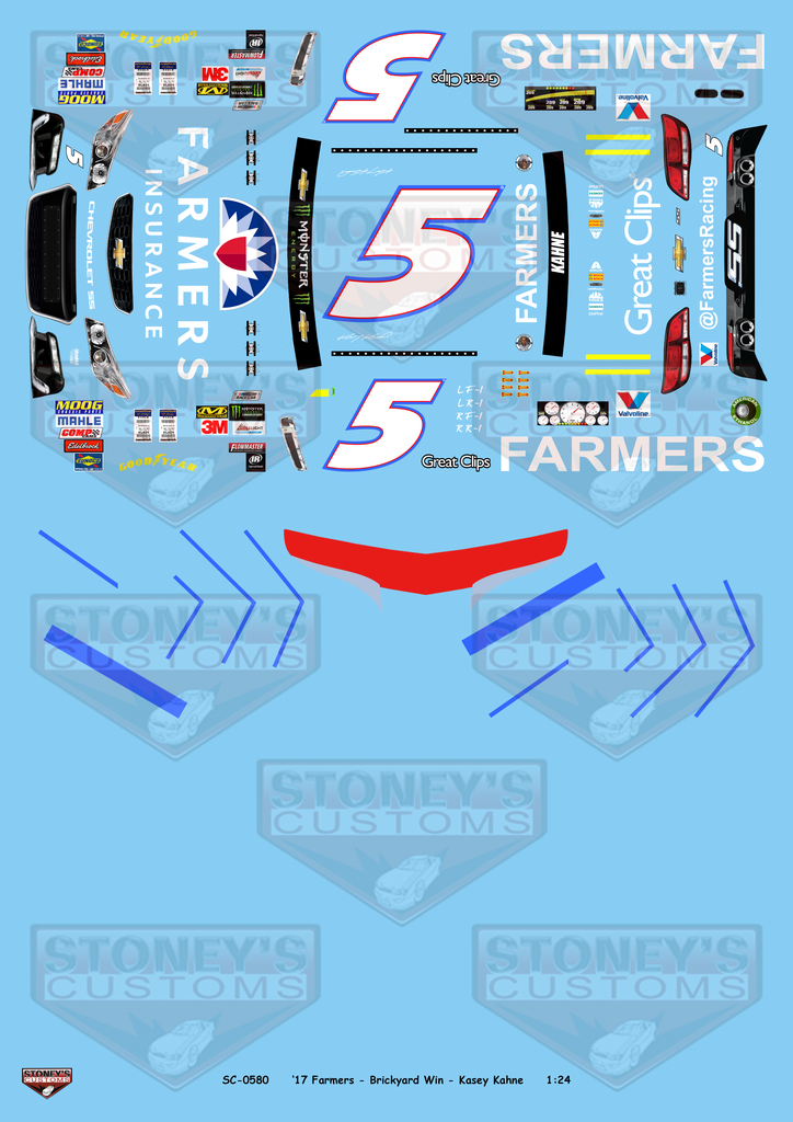 Stoney's Customs 2017 #5 Farmers Brickyard Win Kasey Kahne 1:24 Decal Set