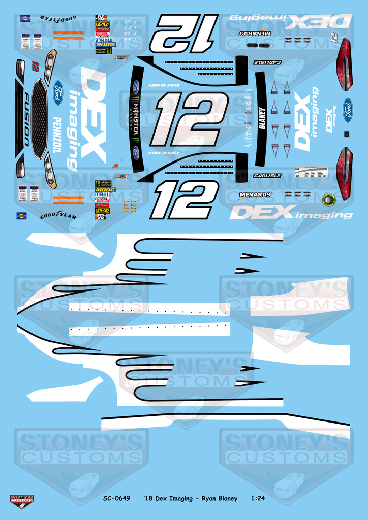 Stoney's Customs 2018 #12 Dex Imaging - Ryan Blaney 1:24 Decal Set