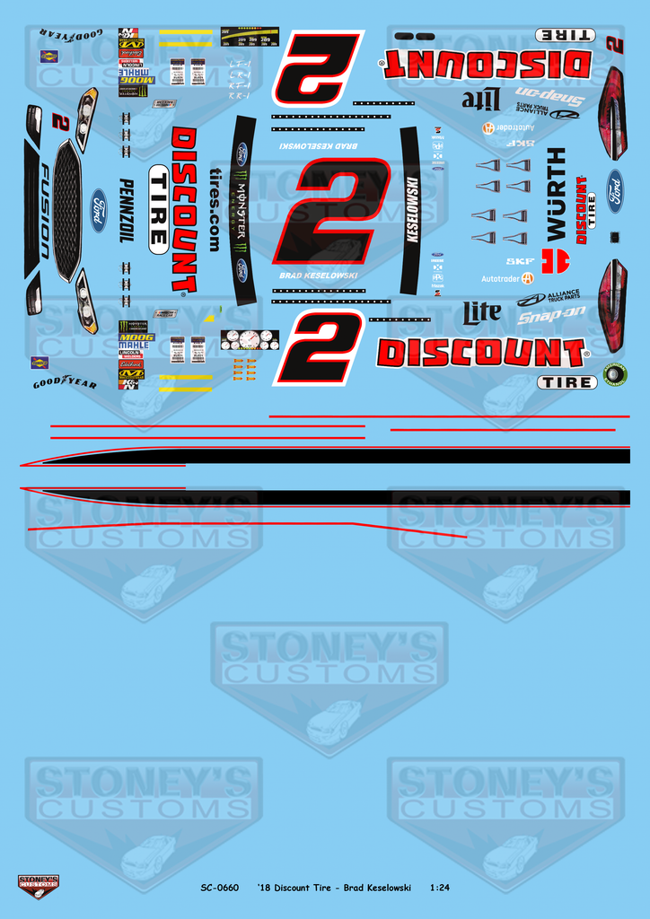 Stoney's Customs 2018 #2 Discount Tire - Brad Keselowski 1:24 Decal Set