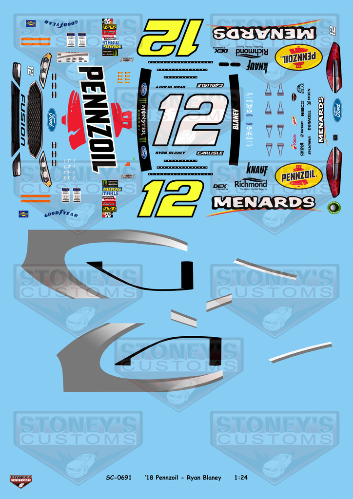 Stoney's Customs 2018 #12 Pennzoil - Ryan Blaney 1:24 Decal Set