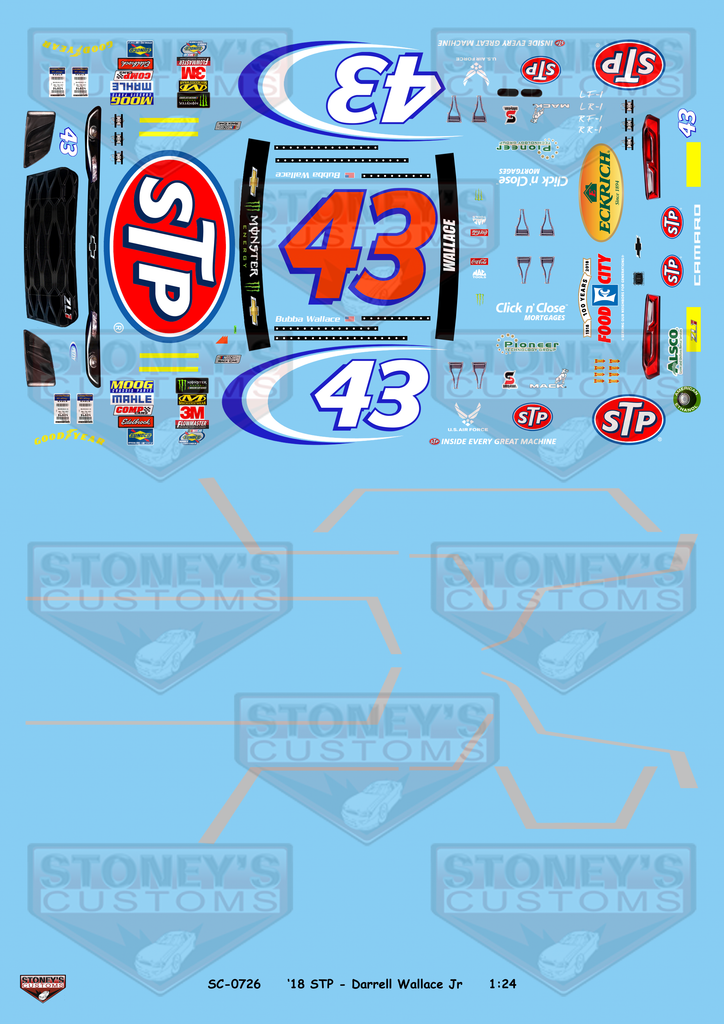 Stoney's Customs 2018 #43 STP - Darrell Wallace Jr 1:24 Decal Set