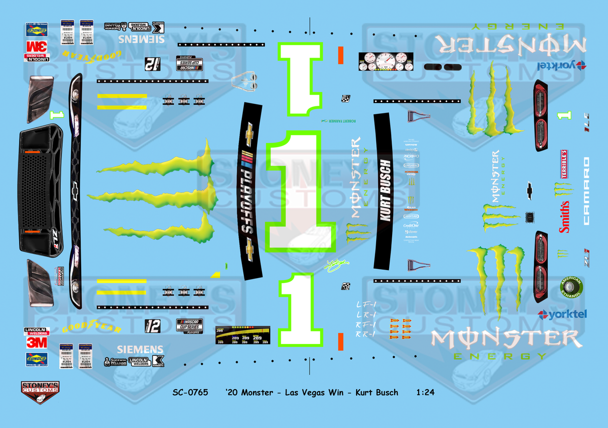 Stoney's Customs 2020 #1 Monster - Las Vegas Win - Kurt Busch 1:24 Decal Set