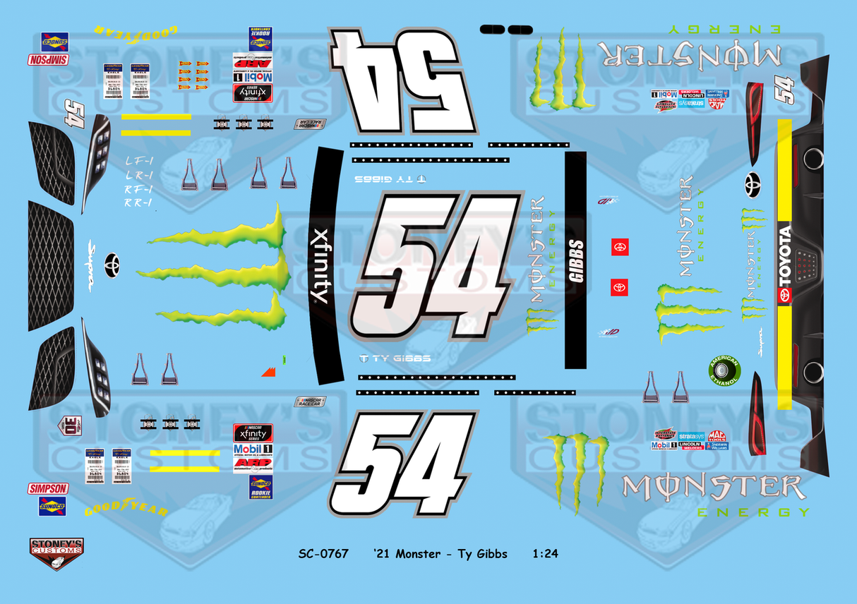 Stoney's Customs 2021 #54 Monster - Ty Gibbs 1:24 Decal Set