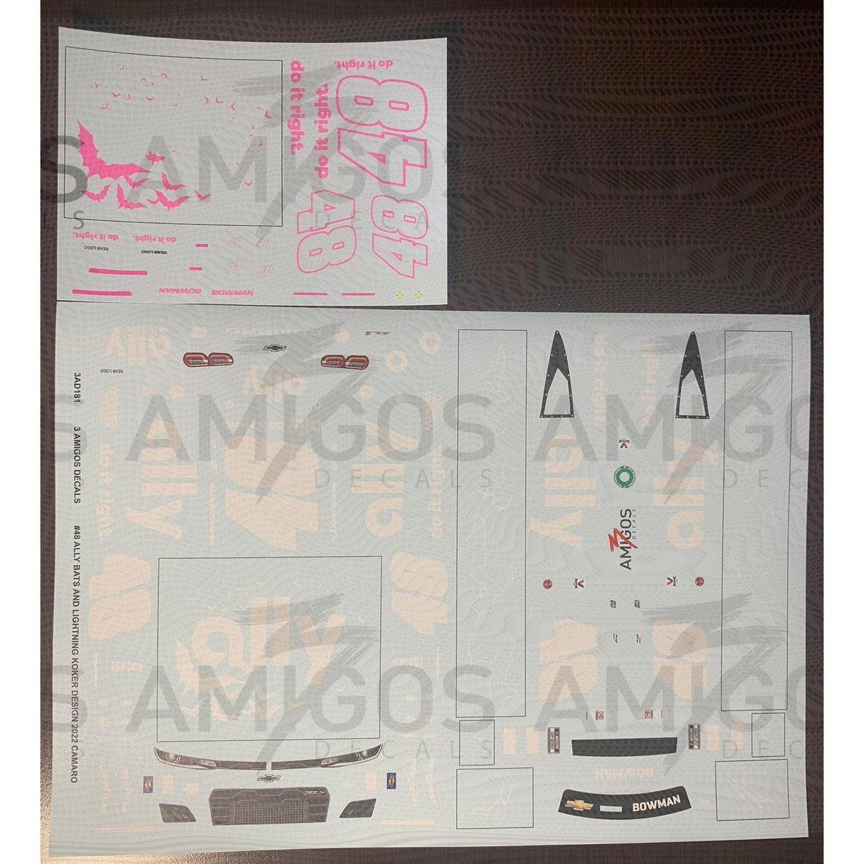 3 Amigos Decals #48 BATS AND LIGHTNING DANNY KOKER DESIGN 2022 CAMARO 1/24 NEON Decal Set - 2