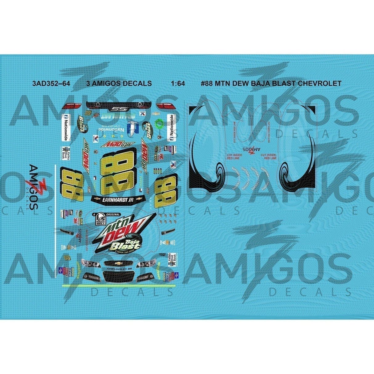 1:64 3 Amigos Decals #88 MTN DEW BAJA BLAST CHEVROLET SS CAMRY Decal Set