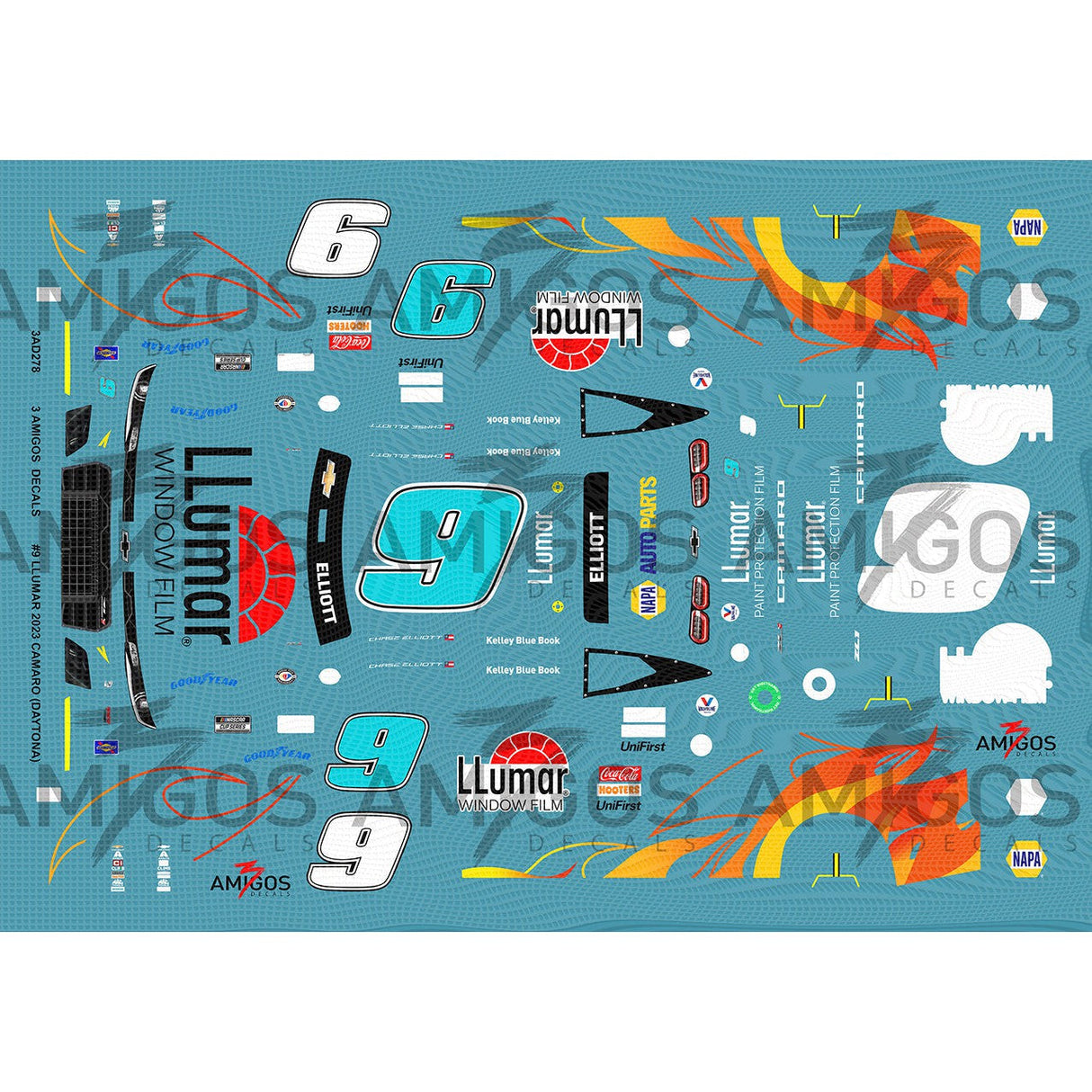 3 Amigos Decals #9 LLUMAR DAYTONA NIGHT RACE 2023 CAMARO Decal Set 1:24