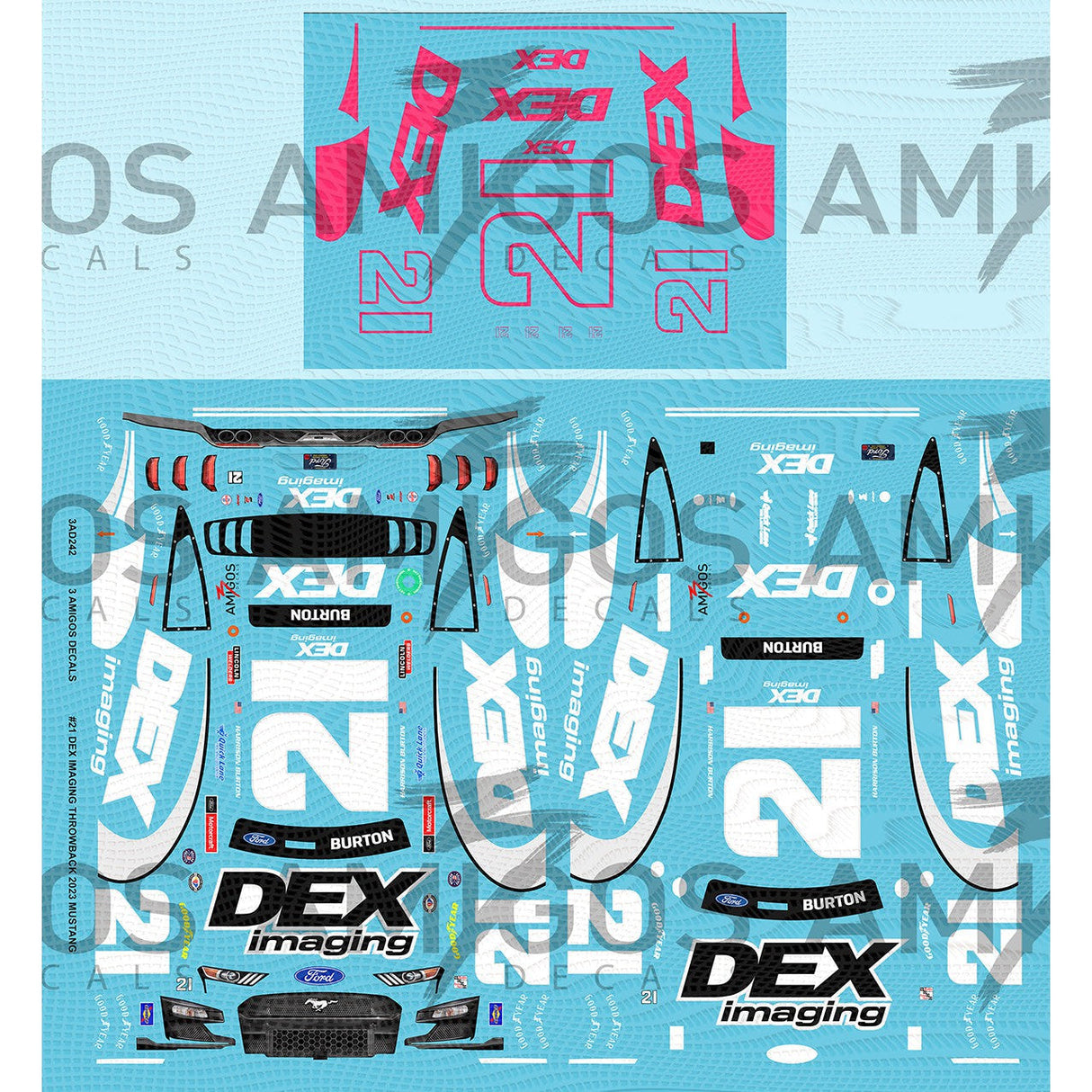 3 Amigos Decals #21 DEX IMAGING THROWBACK 2023 MUSTANG 1/24 NEON Decal Set