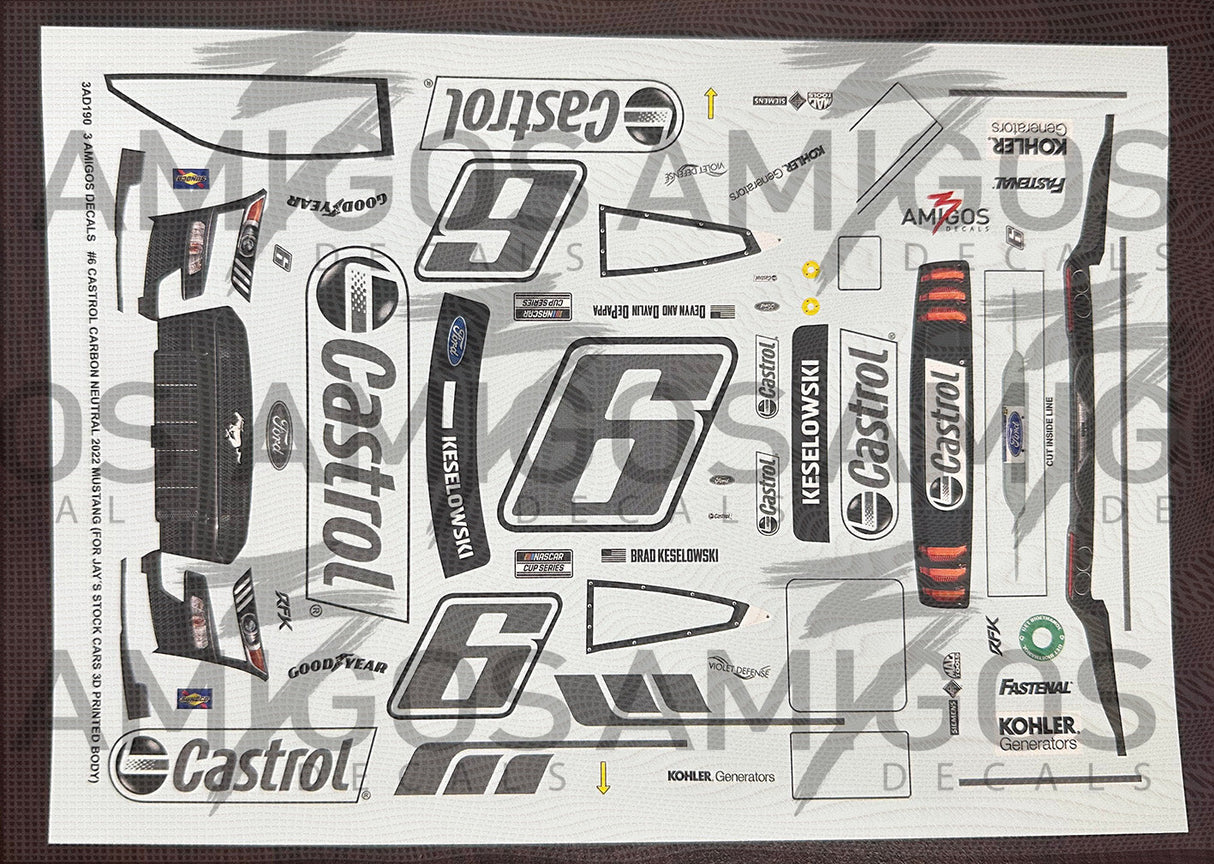 3 Amigos Decals #6 CASTROL CARBON NEUTRAL 2022 MUSTANG (FOR JAY STOCK CARS 3D PRINTED BODY) Decal Set 1:24