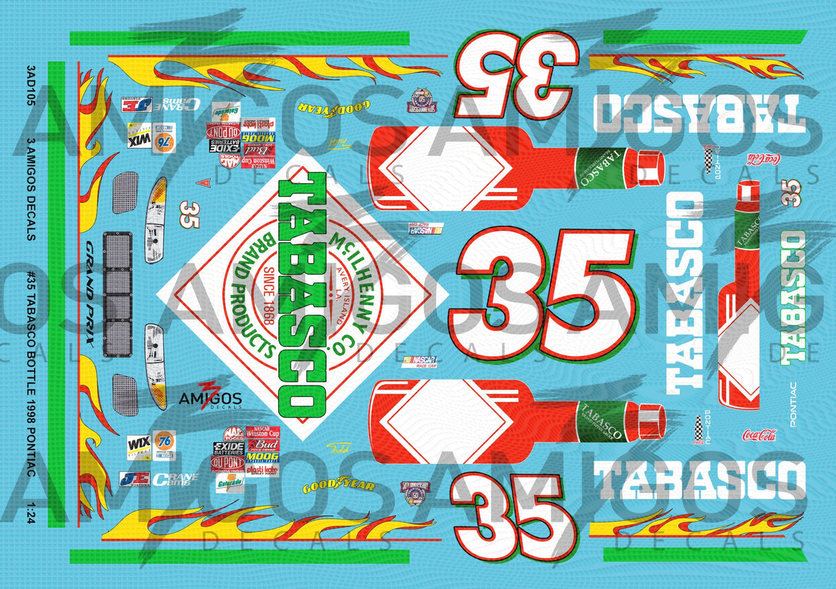 3 Amigos Decals Tabasco Bottle #35 1998 Pontiac Racecar Decal Set 1:24