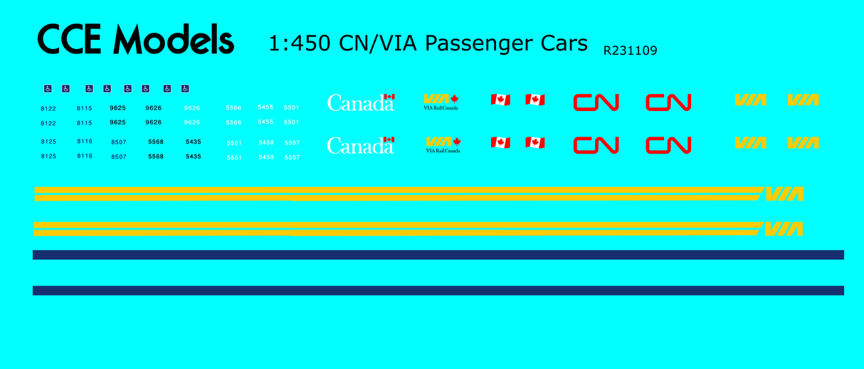 CCE Models T Scale (1:450) Decals, Passenger cars: CN and VIA